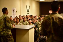 U.S. Air Force Airmen attend a pre-deployment presentation during the pre-deployment function line (PDF line) on Beale Air Force Base, California, Sept. 24, 2024.