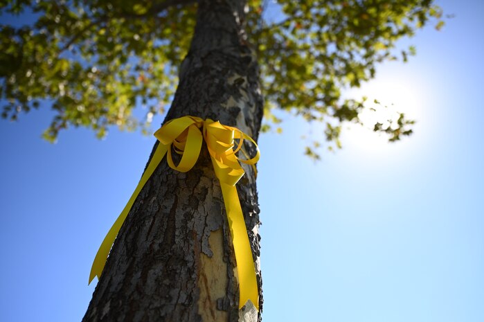 Beale family members tie yellow ribbons around trees near their homes at Beale Air Force Base, California, Sept. 27, 2024