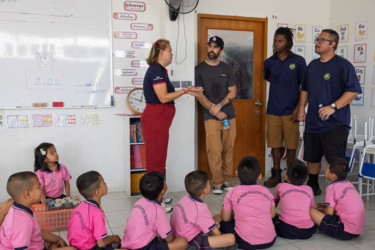 PATTAYA, Thailand—Civilian mariners assigned to expeditionary fast transport ship USNS City of Bismarck (T-EPF 9), receive a tour of the school during a community outreach event at the Learning Center of the Human Help Network Foundation in Pattaya, Thailand, Nov. 7, 2024. (U.S. Navy photo by Grady T. Fontana)