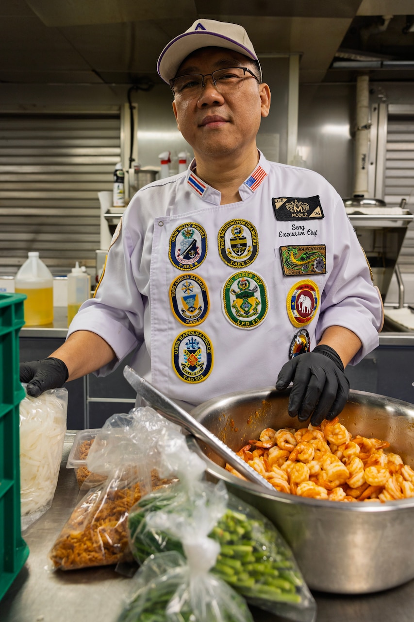 SRIRACH, Thailand— Pongpisit Ungsuchaikij, head chef at a popular hotel in Pattaya, Thailand, and volunteer with U.S. Navy League Siam Council in Pattaya, poses for a photograph aboard expeditionary fast transport ship USNS City of Bismarck (T-EPF 9) in Sriracha, Thailand, Nov. 6, 2024. (U.S. Navy photo by Grady T. Fontana)