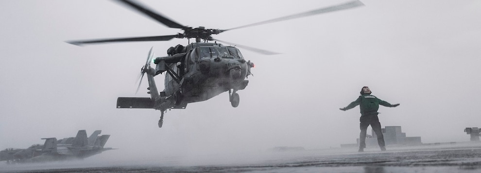 MH-60S Seahawk, attached to the Golden Falcons of Helicopter Sea Combat Squadron (HSC) 12, lands on the flight deck of Nimitz-class aircraft carrier USS George Washington (CVN 73) while underway in the Pacific Ocean, Nov. 9, 2024.