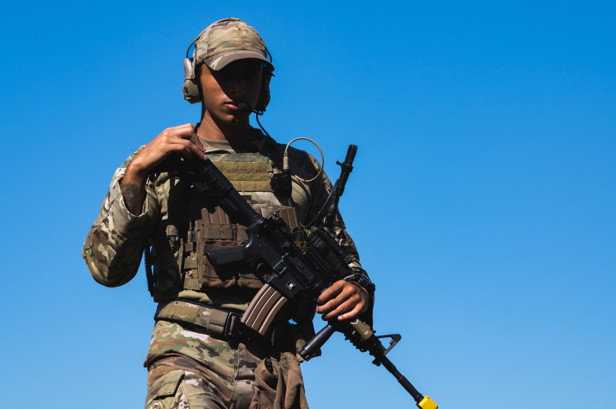 A U.S. Airman assigned to the 1st Special Operations Support Squadron mission sustainment team patrols Trent Lott International Airport during a validation exercise in Moss Point, Mississippi, Oct. 25, 2024.