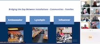 Screen photo with a slide to the left and virtual screens of eight participants to the right
