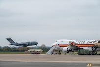 A C-17 Globemaster III aircraft assigned to Joint Base Charleston, South Carolina, prepares to land