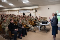 Royal Air Force Sq. Ldr. Jayne Robertson, RAF commander for RAF Fairford, speaks to deployed Airmen