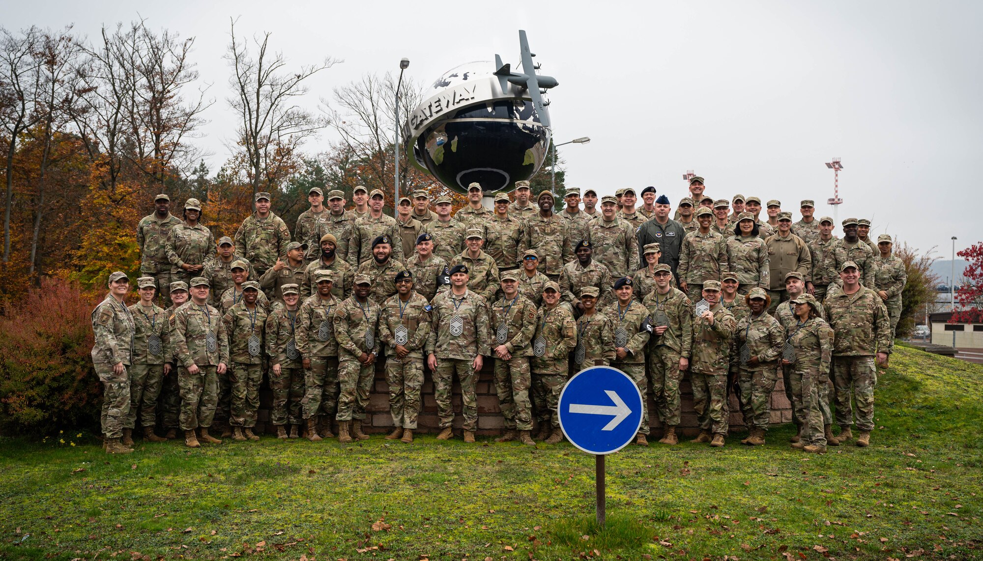 Participants of a U.S. Air Force Chief Master Sgt. release party pose for a photo at Ramstein Air Base, Germany, Nov. 7, 2024. After congratulating Airmen on their promotion to Chief Master Sergeant, the participants of the release party celebrated at the Officers Club on base. (U.S. Air Force Photo by Senior Airman Jared Lovett)