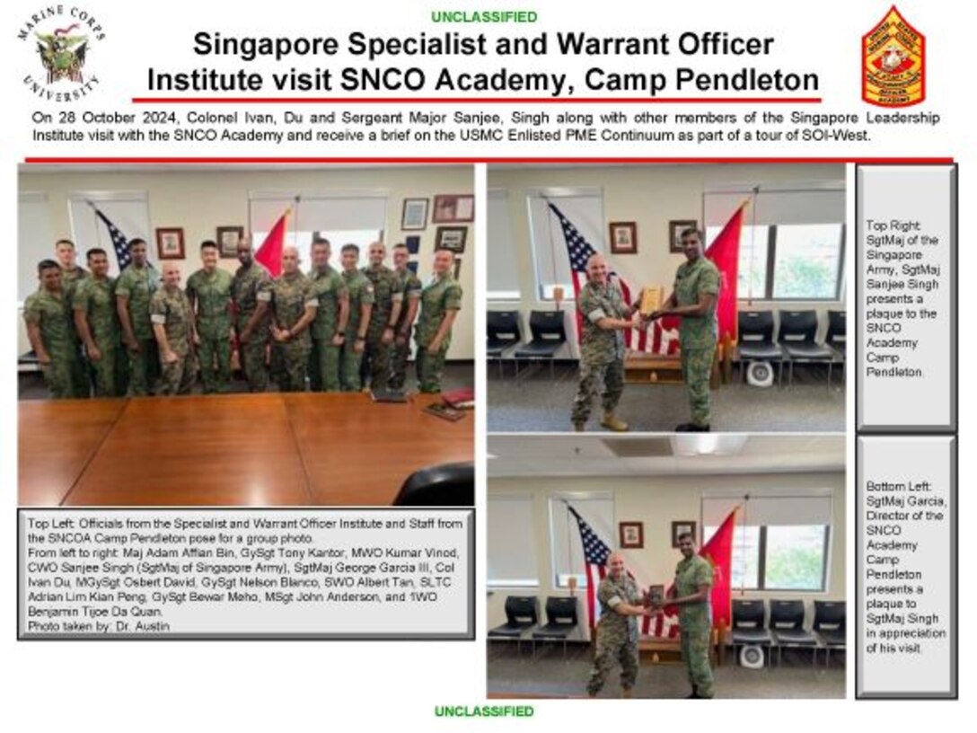 Singapore Specialist and Warrant Officer Institute visit SNCO Academy, Camp Pendleton