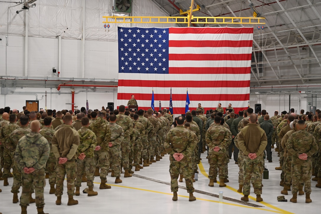 U.S. Air Force Col. Benjamin Gerds, the 115th Fighter Wing
commander, gives his introduction speech to the Airmen assigned
to the unit during the wing change of command ceremony
in a hangar at Truax Field in Madison, Wisconsin, Nov. 3, 2024.
The wing held its change of command ceremony on base
over a regularly scheduled drill weekend. (U.S. Air National Guard
photo by Master Sgt. Mary Greenwood)