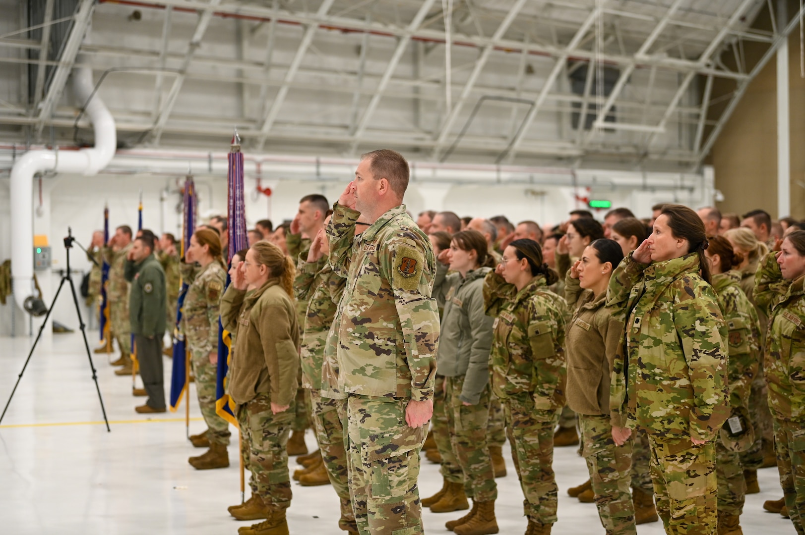 U.S. Airmen assigned to the 115th Fighter Wing render their first
salute to the new wing commander, U.S. Air Force Col.
Benjamin Gerds, during a change of command ceremony in a
hangar at Truax Field in Madison, Wisconsin, Nov. 3, 2024. The
unit held its change of command ceremony on base over a
regularly scheduled drill weekend. (U.S. Air National Guard photo
by Master Sgt. Mary Greenwood)