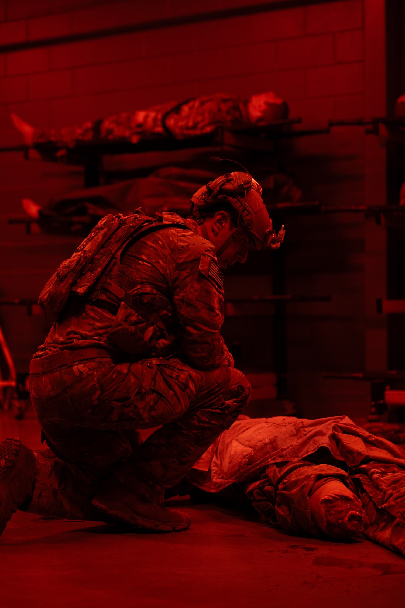 A U.S. Air Commando, contestant of the Service Member of the Year competition, conducts simulated Tactical Combat Casualty Care at Hurlburt Field, Florida, Oct. 30, 2024.