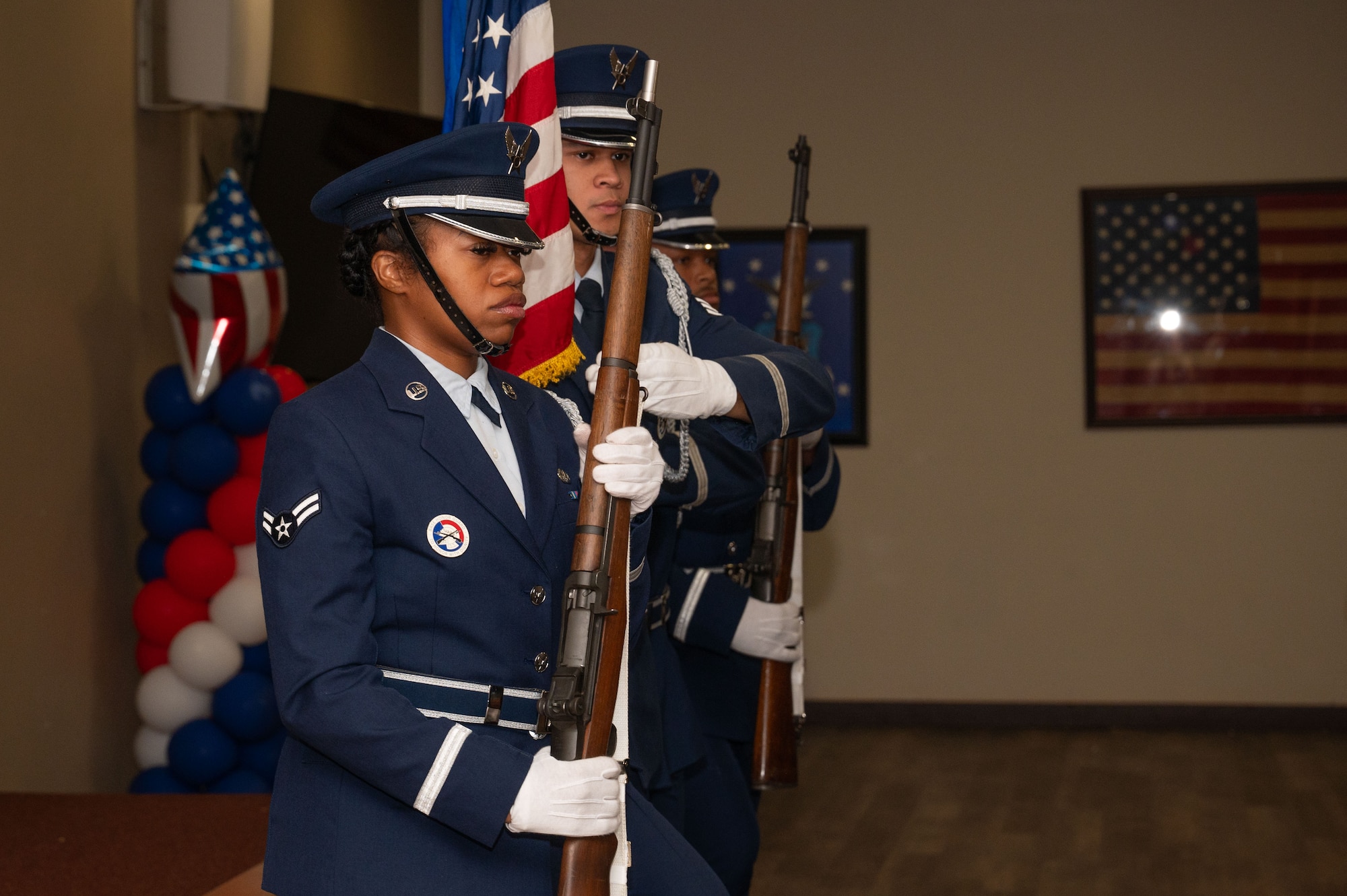 The Dyess Honor Guard present the colors at the 21st Combat Air Base Squadron assumption of command ceremony at Dyess Air Force Base, Texas, Nov. 11, 2024. The 21st CABS will pioneer new tactics, techniques, and procedures to recover, refuel, rearm, and launch multiple weapons systems. (U.S. Air Force photo by Airman 1st Class Emma Anderson)