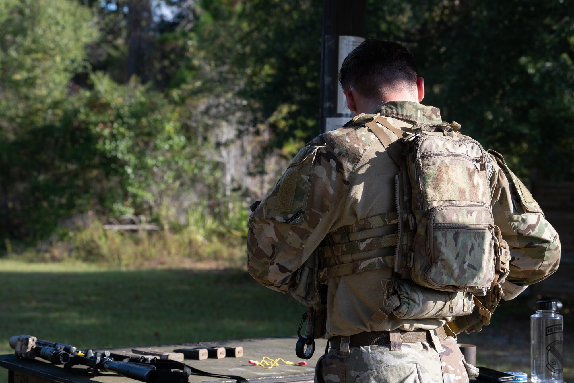 A U.S. Air Commando, a contestant for the Service Member of the Year competition, gears up at Hurlburt Field, Florida, Oct. 29, 2024.