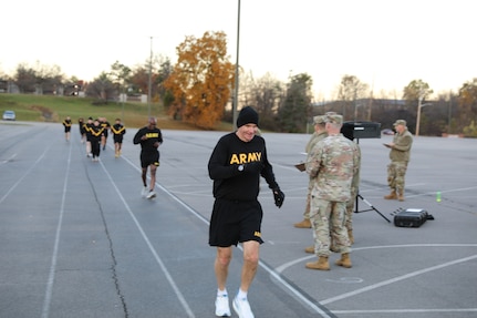 Maj. Gen. Edward Merrigan, commanding general of the 84th Training Command begins his final lap of the 2-mile run during the Army Combat Fitness Test
