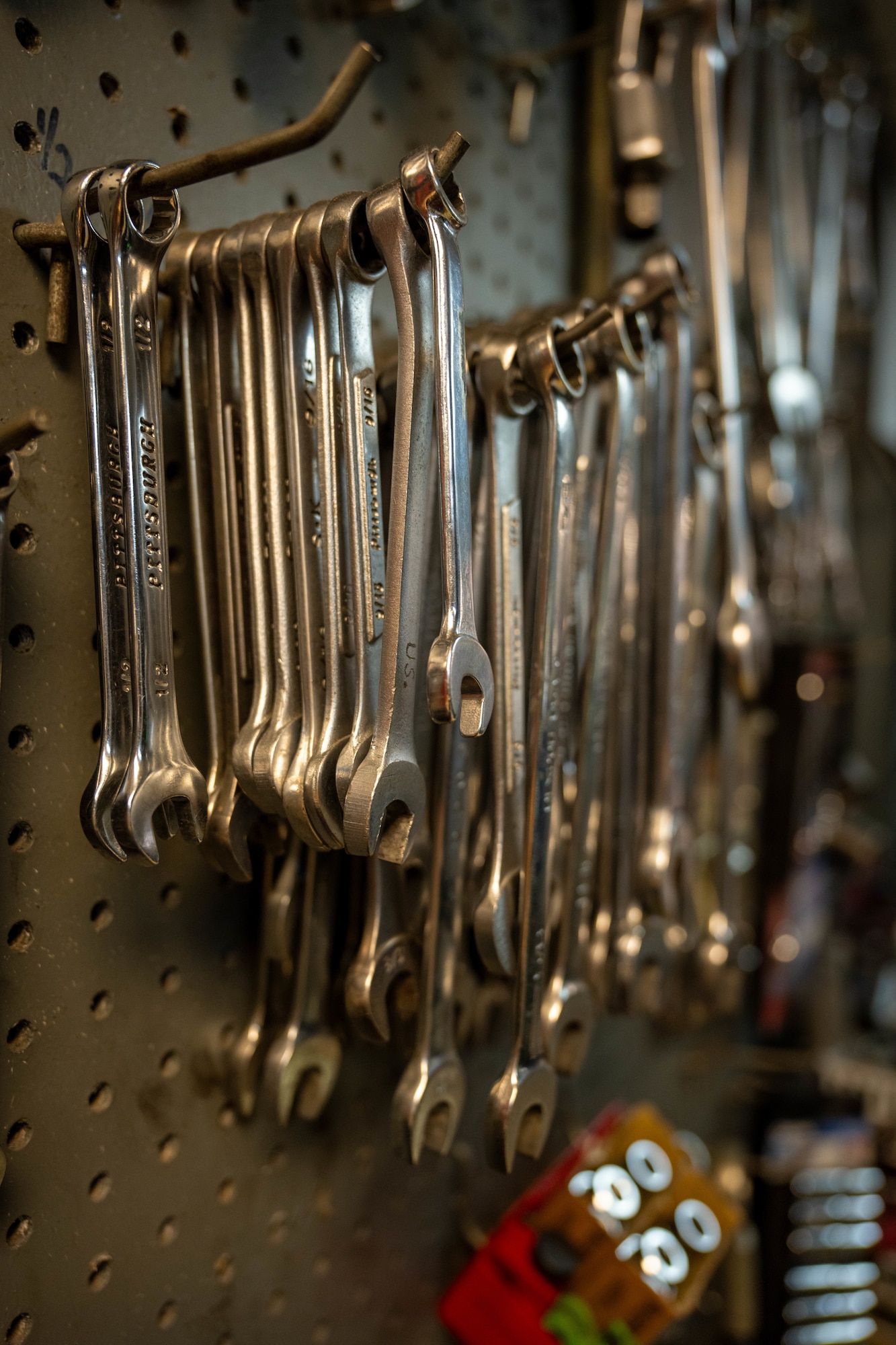 Various wrenches hang on a tool wall at the Auto Hobby Shop at Hurlburt Field, Florida, Oct. 29, 2024.
