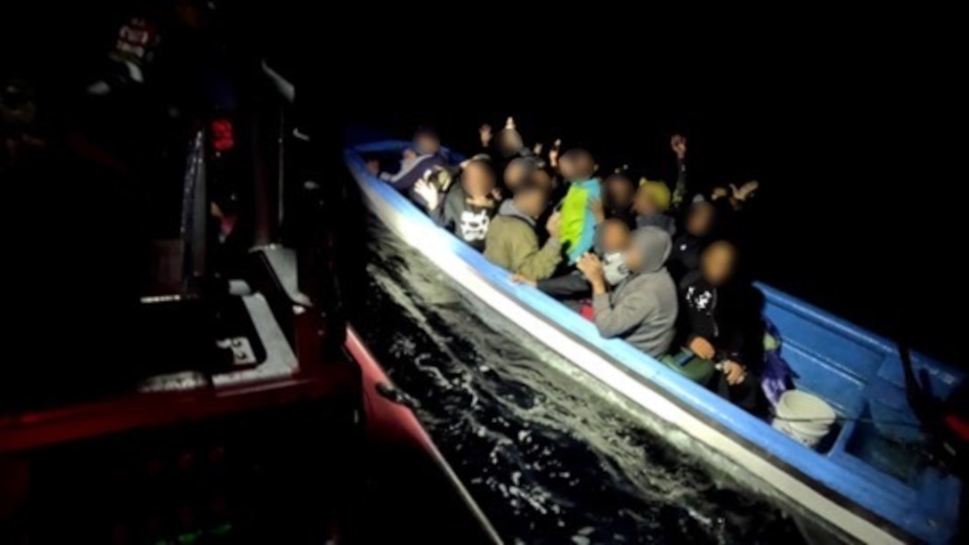 Coast Guard Cutter Heriberto Hernandez interdicts an unlawful irregular migration voyage in Mona Passage waters near Puerto Rico, Nov. 5, 2024.  The crew of the Coast Guard Cutter Joseph Tezanos repatriated 17 migrants from this voyage to Dominican Republic, Nov. 9, 2024. (U.S. Coast Guard photos)