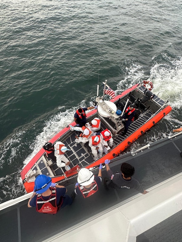 Coast Guard Cutter Joseph Tezanos' crew repatriates 17 migrants to Dominican Republic, Nov. 9, 2024, following an irregular, unlawful migration voyage interdiction by the Coast Guard Cutter Heriberto Hernandez in the Mona Pass near Puerto Rico, Nov. 5, 2024. (U.S. Coast Guard photos)