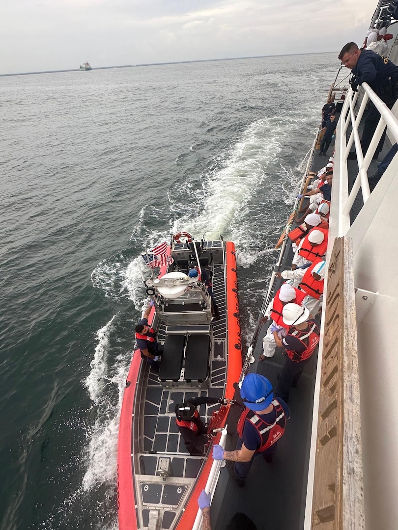 Coast Guard Cutter Joseph Tezanos' crew repatriates 17 migrants to Dominican Republic, Nov. 9, 2024, following an irregular, unlawful migration voyage interdiction by the Coast Guard Cutter Heriberto Hernandez in the Mona Pass near Puerto Rico, Nov. 5, 2024. (U.S. Coast Guard photos)