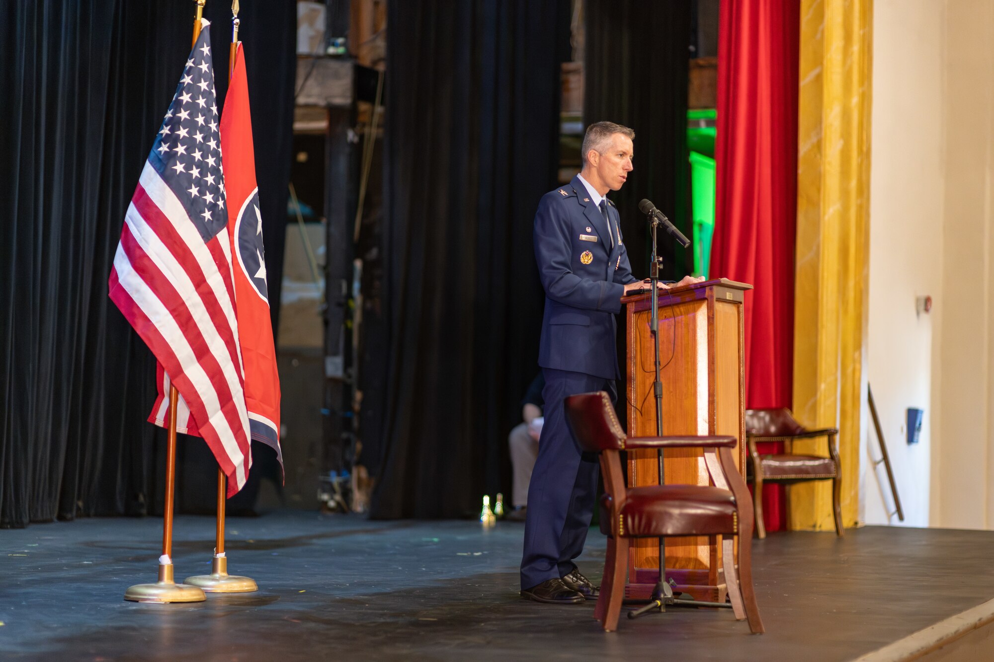 Col. Grant Mizell, Commander of the Arnold Engineering Development Complex, participates in the Veteran’s Day celebration in Tullahoma, Tenn., Nov. 11, 2024. The celebration takes place annually on Veteran’s Day at the South Jackson Performing Arts Center in Tullahoma.