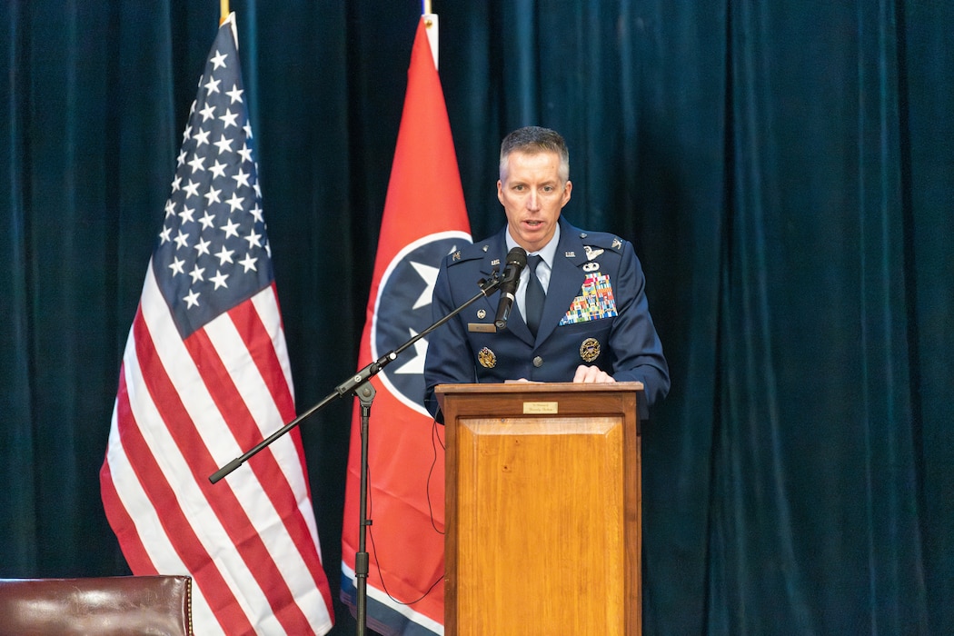 Col. Grant Mizell, Commander of the Arnold Engineering Development Complex, participates in the Veteran’s Day celebration in Tullahoma, Tenn., Nov. 11, 2024. The celebration takes place annually on Veteran’s Day at the South Jackson Performing Arts Center in Tullahoma.