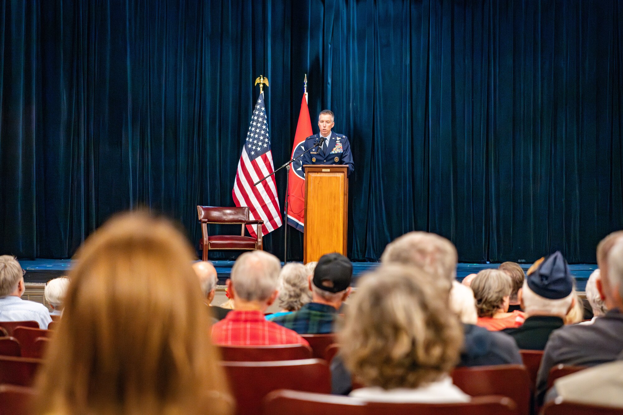 Col. Grant Mizell, Commander of the Arnold Engineering Development Complex, participates in the Veteran’s Day celebration in Tullahoma, Tenn., Nov. 11, 2024. The celebration takes place annually on Veteran’s Day at the South Jackson Performing Arts Center in Tullahoma.