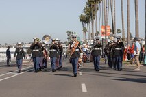 U.S. Marines with Marine Band San Diego march in the San Diego Veterans Day Parade in San Diego, California, Nov. 11, 2024. The Marine Band San Diego’s job is to support the Recruit Training Regiment and other depot organizations. Marine Band San Diego performs a wide variety of music at military ceremonies and civilian events throughout San Diego County and the southwestern United States. (U.S. Marine Corps photo by Cpl. Alexandra M. Earl)