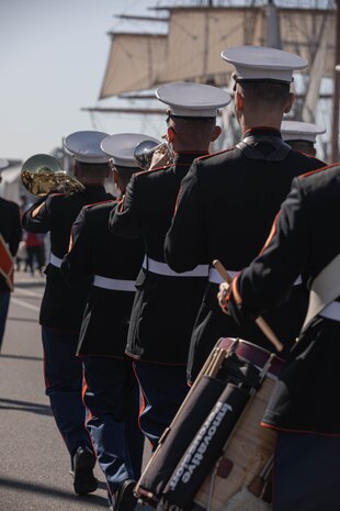 U.S. Marines with Marine Band San Diego march in the San Diego Veterans Day Parade in San Diego, California, Nov. 11, 2024. The Marine Band San Diego’s job is to support the Recruit Training Regiment and other depot organizations. Marine Band San Diego performs a wide variety of music at military ceremonies and civilian events throughout San Diego County and the southwestern United States. (U.S. Marine Corps photo by Cpl. Alexandra M. Earl)