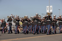 U.S. Marines with Marine Band San Diego march in the San Diego Veterans Day Parade in San Diego, California, Nov. 11, 2024. The Marine Band San Diego’s job is to support the Recruit Training Regiment and other depot organizations. Marine Band San Diego performs a wide variety of music at military ceremonies and civilian events throughout San Diego County and the southwestern United States. (U.S. Marine Corps photo by Cpl. Alexandra M. Earl)