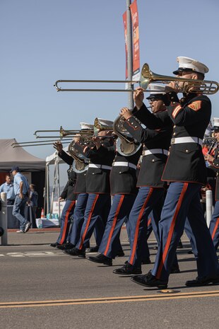 U.S. Marines with Marine Band San Diego march in the San Diego Veterans Day Parade in San Diego, California, Nov. 11, 2024. The Marine Band San Diego’s job is to support the Recruit Training Regiment and other depot organizations. Marine Band San Diego performs a wide variety of music at military ceremonies and civilian events throughout San Diego County and the southwestern United States. (U.S. Marine Corps photo by Cpl. Alexandra M. Earl)