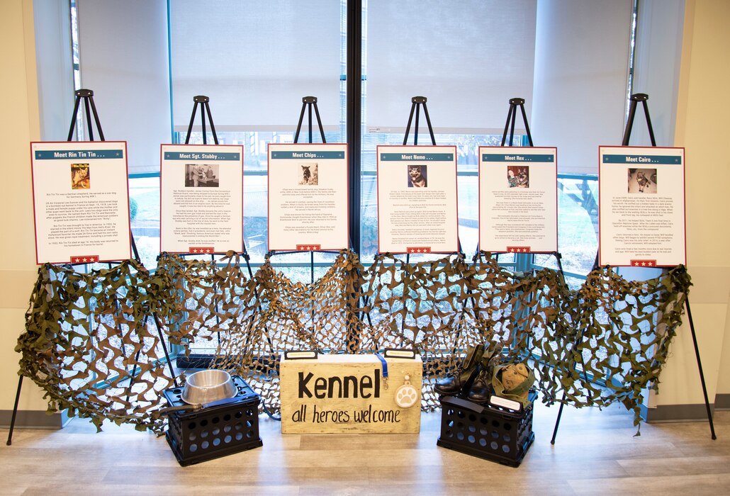 A row of historical pictures with military working dogs on them.