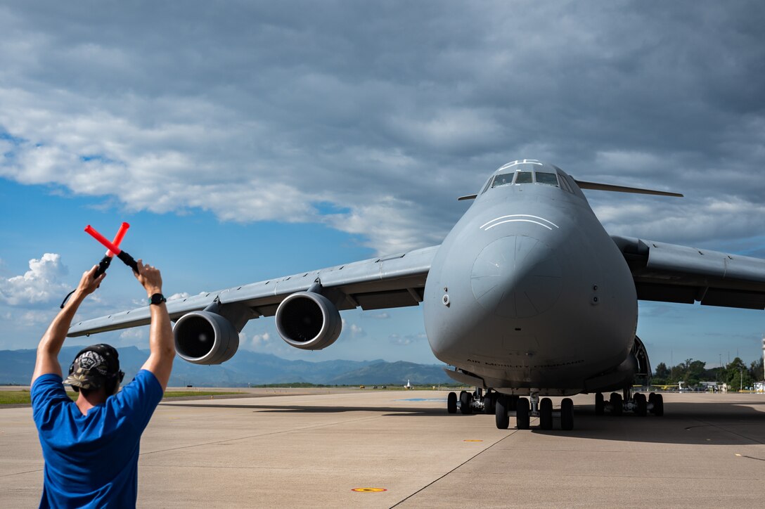 A C-5M Super Galaxy from Dover Air Force Base, Delaware, lands at Soto Cano Air Base, Honduras, Nov. 8, 2024.