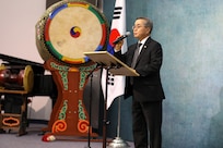 Young Ho Jung, Consul General of the Republic of Korea, speaks during a ceremony honoring and remembering U.S. service members Missing in Action during the Korean War, November 10, 2024, held at Calvary Korean Baptist Church of Houston.