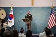 U.S. Army Reserve Brig. Gen. Michael Shanley, Commanding General, 85th U.S. Army Reserve Support Command, speaks to the audience at the Calvary Korean Baptist Church of Houston, November 10, 2024. Shanley was the keynote speaker for the Memorial Services for U.S. Military Members Missing in Action during the Korean War program. Young Ho Jung, Consul General of the Republic of Korea, began organizing memorial services for MIA service members to bring awareness and provide support for the family members of those Missing in Action.
(U.S. Army Reserve photo by Sgt. 1st Class Edgar Valdez)