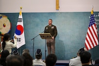 U.S. Army Reserve Brig. Gen. Michael Shanley, Commanding General, 85th U.S. Army Reserve Support Command, speaks to the audience at the Calvary Korean Baptist Church of Houston, November 10, 2024.