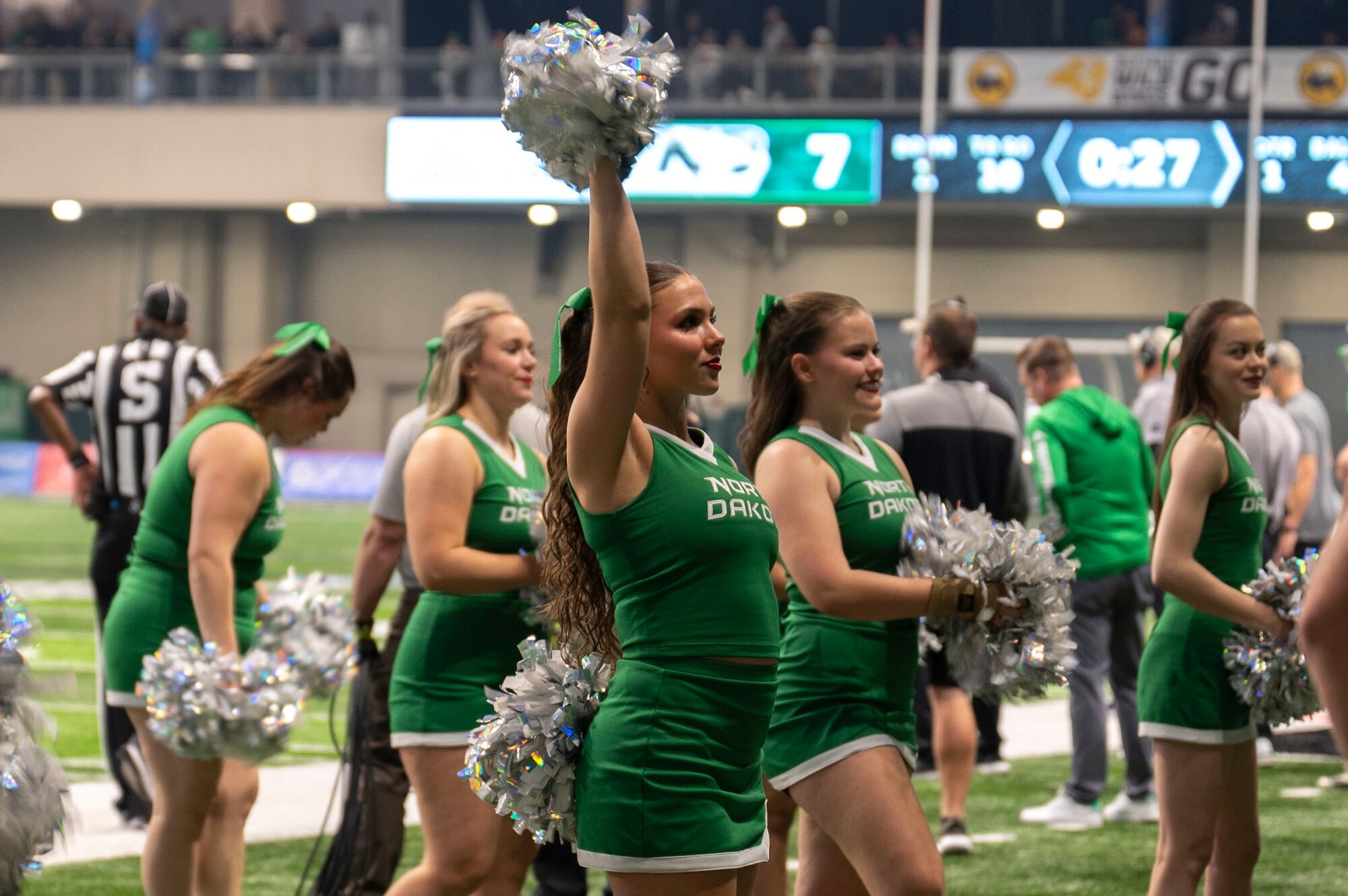 University of North Dakota cheerleaders perform during the annual military appreciation day at the Alerus Center in Grand Forks, North Dakota, Nov. 9, 2024.