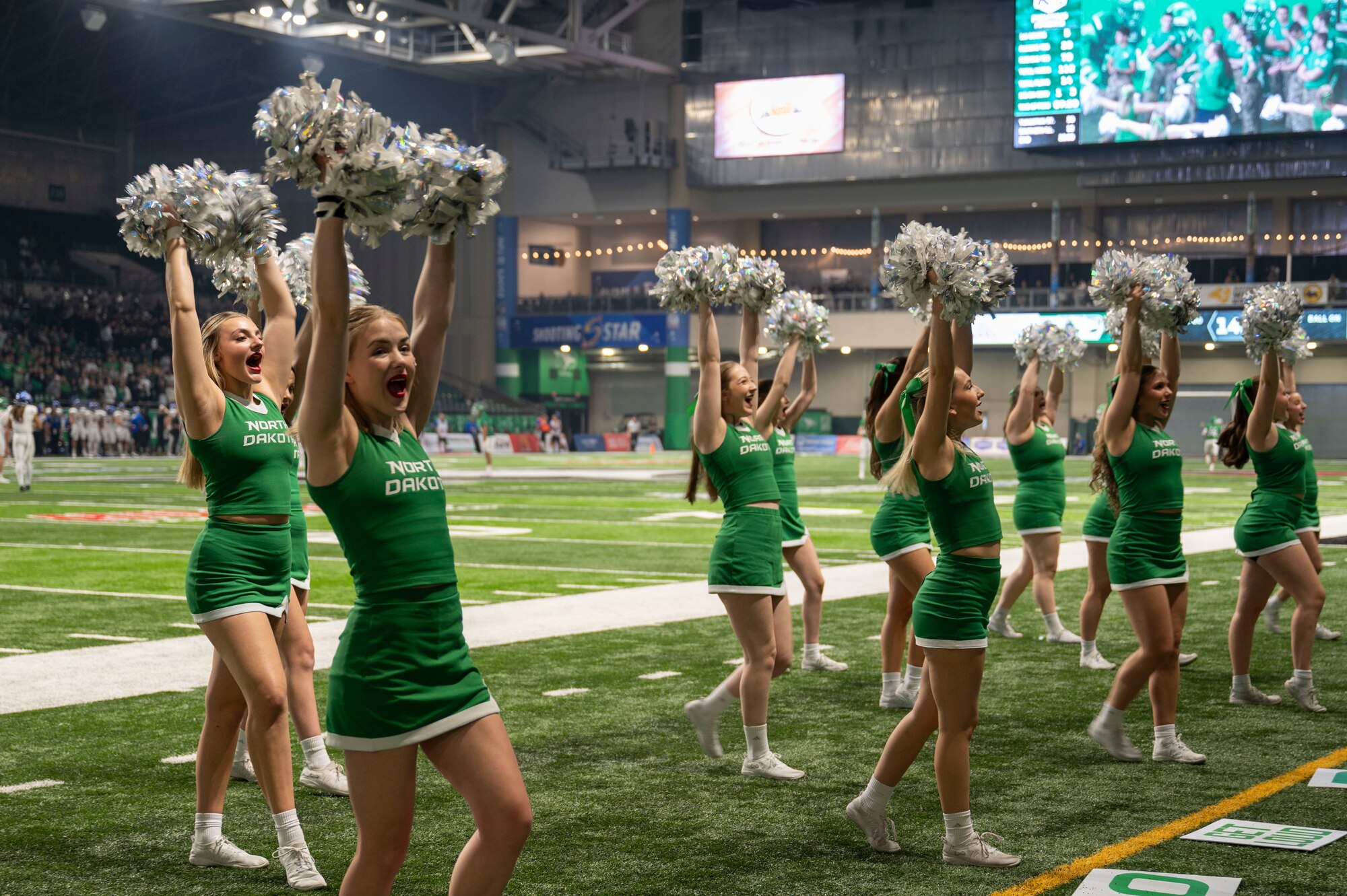 University of North Dakota cheerleaders perform during the annual military appreciation day at the Alerus Center in Grand Forks, North Dakota, Nov. 9, 2024