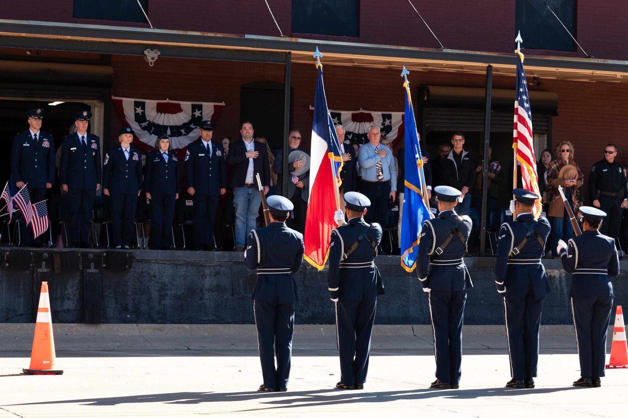 The Dyess Honor Guard present the colors at the Veteran’s Day parade in Abilene, Texas, Nov. 9, 2024. The Veterans Day parade acknowledged those who served in the U.S. armed forces. (U.S. Air Force photo by Senior Airman Alondra Cristobal Hernandez)