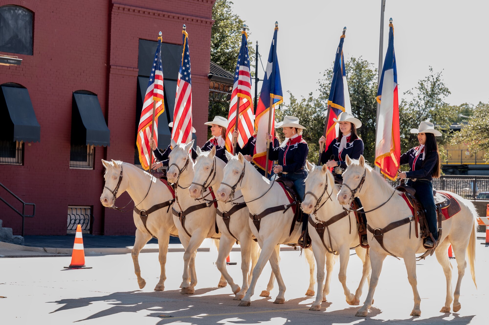 The Six White Horses from Hardin Simmons University ride during the Veterans Day parade in Abilene, Texas, Nov. 9, 2024. The Veteran’s Day parade consisted of vehicles, scouts, marching units, floats, schools, clubs, equestrians and others. (U.S. Air Force photo by Senior Airman Alondra Cristobal Hernandez)