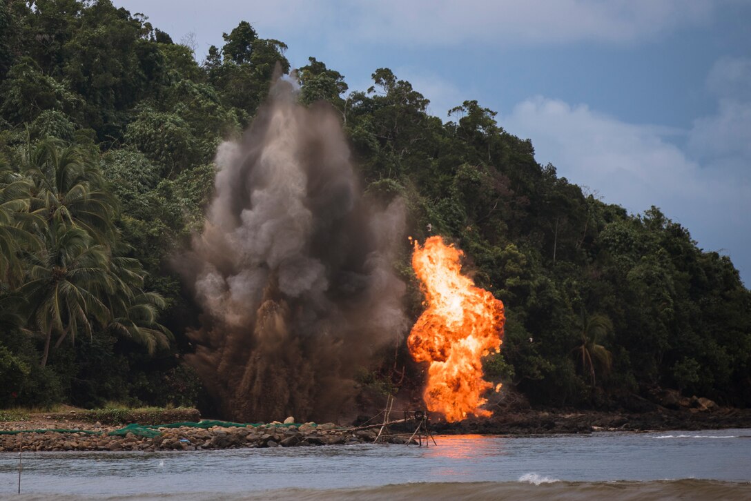 U.S. Marines assigned to Combat Logistics Battalion 15, 15th Marine Expeditionary Unit, detonate an M18 Claymore mine during a live-fire coastal defense as part of exercise KAMANDAG 8 at Apurawan Beach, Palawan Province, Philippines, Oct. 22, 2024. KAMANDAG is an annual Philippine Marine Corps and U.S. Marine Corps-led exercise aimed at enhancing the Armed Forces of the Philippines’ defense and humanitarian capabilities by providing valuable training in combined operations with foreign militaries in the advancement of a Free and Open Indo-Pacific. This year marks the eighth iteration of this exercise and includes participants from the French Armed Forces, Royal Thai Marine Corps, and Indonesian Marine Corps; including continued participation from the Australian Defense Force, British Armed Forces, Japan Ground Self-Defense Force, and Republic of Korea Marine Corps. (U.S. Marine Corps photo by Sgt. Amelia Kang)