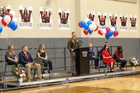 U.S. Army Reserve Brig. Gen. Michael Shanley, Commanding General, 85th U.S. Army Reserve Support Command, gives remarks to the audience at Waller High School during their 41st Annual Veterans program, November 11, 2024.