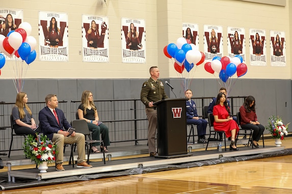 U.S. Army Reserve Brig. Gen. Michael Shanley, Commanding General, 85th U.S. Army Reserve Support Command, gives remarks to the audience at Waller High School during their 41st Annual Veterans program, November 11, 2024.