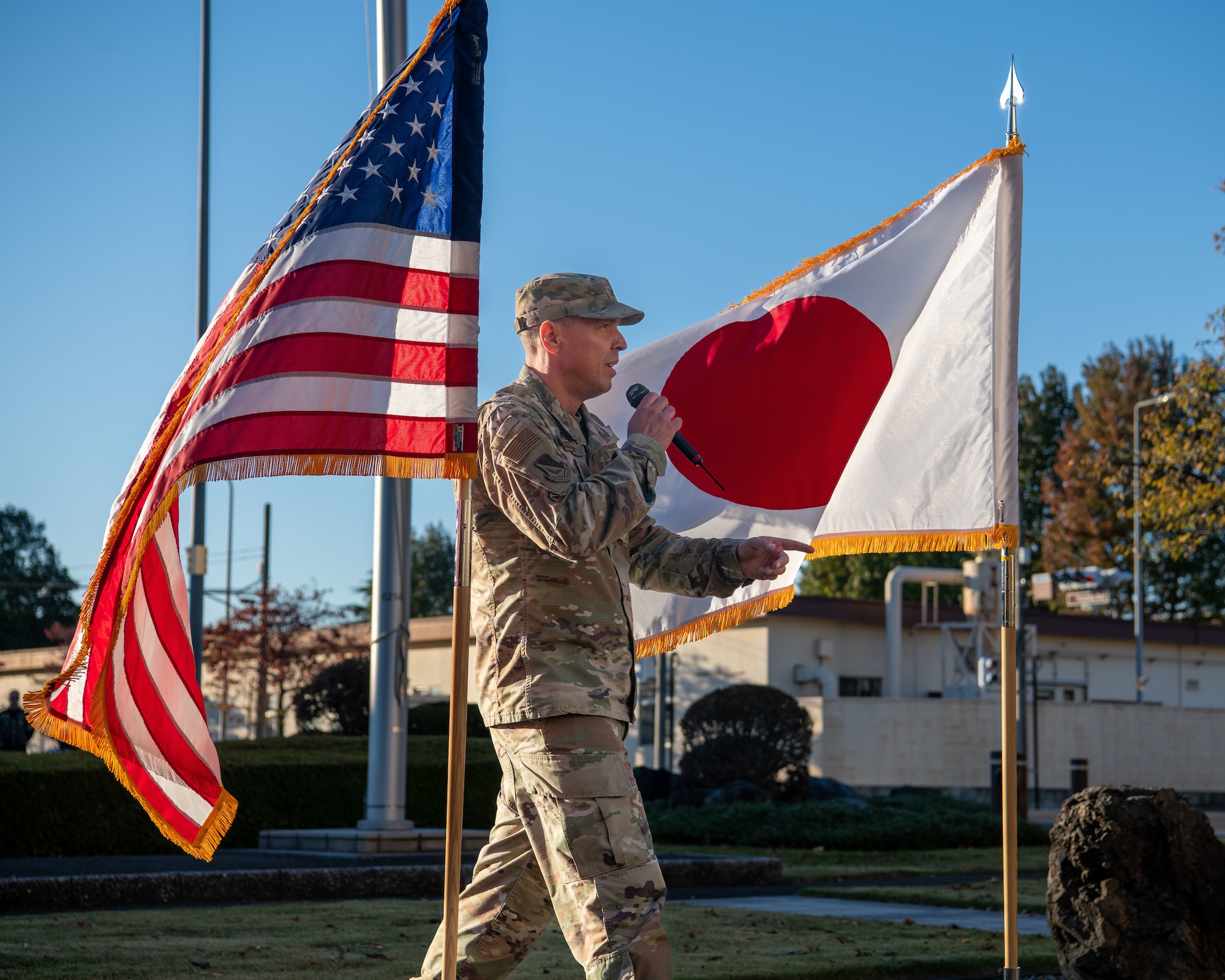 Col. Brett Cochran, 374th Airlift Wing deputy commander, delivers a speech during a Veterans Day ceremony at Yokota