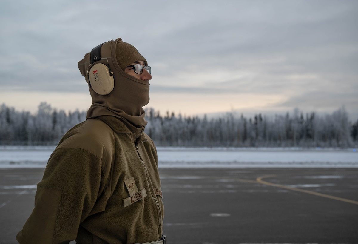 U.S. Air Force Senior Airman Dale Allen, 355th Fighter Generation Squadron crew chief, observes the start up of an F-35A Lightning II at Eielson Air Force Base, Alaska, Nov. 13, 2024.
