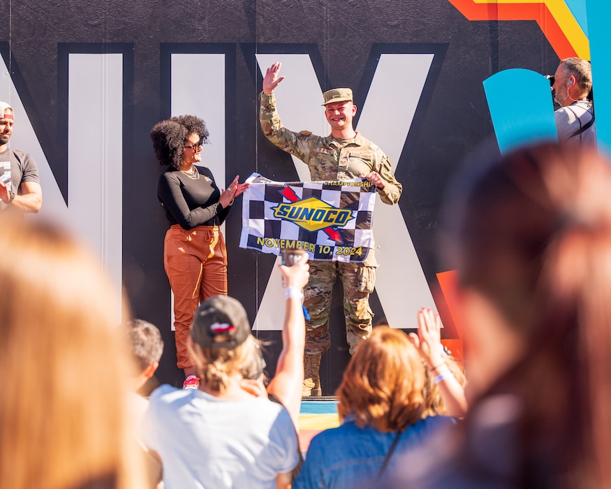 U.S. Air Force Senior Airman Mykhailo Khromiak, 56th Logistics Readiness Squadron ground transportation operator, is recognized an honorary race official during the NASCAR Championship pre-race events November 10, 2024, at Phoenix Raceway in Avondale, Arizona.