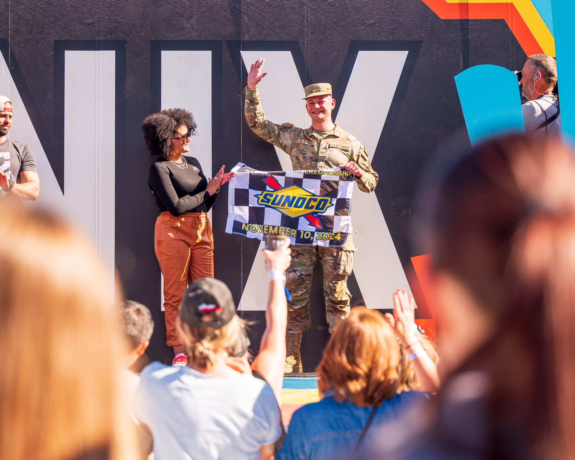 U.S. Air Force Senior Airman Mykhailo Khromiak, 56th Logistics Readiness Squadron ground transportation operator, is recognized an honorary race official during the NASCAR Championship pre-race events November 10, 2024, at Phoenix Raceway in Avondale, Arizona.