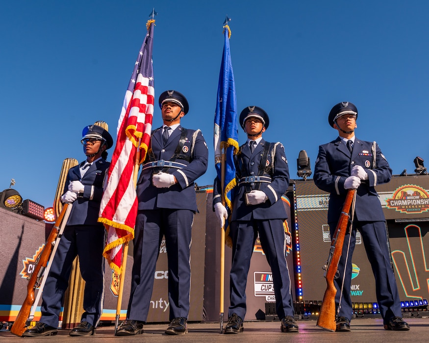 Luke Air Force Base Honor Guard prepares to present the colors during the NASCAR Championship pre-race events November 10, 2024, at Phoenix Raceway in Avondale, Arizona.