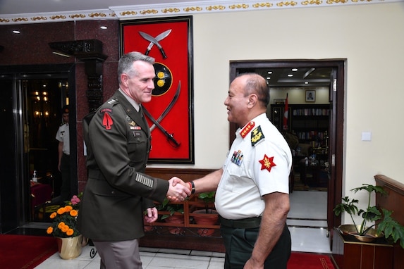 Lt. Gen. Joshua M. Rudd, deputy commander of U.S. Indo-Pacific Command, is greeted by Gen. Ashok Raj Sigel, Chief of the Army Staff (COAS) of the Nepali army, at Birendra Peace Operations Training Centre, Nepal during a visit from Nov. 8-12, 2024.