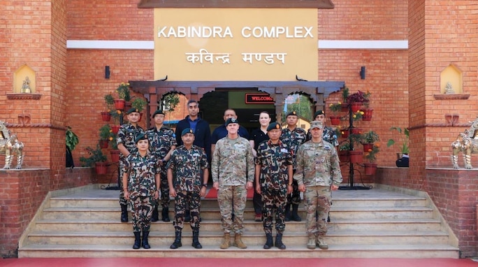 Lt. Gen. Joshua M. Rudd, deputy commander of U.S. Indo-Pacific Command, poses for a group photo at the Birendra Peace Operations Training Centre, Nepal, during a visit from Nov. 8-12, 2024.