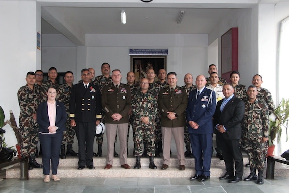 Lt. Gen. Joshua M. Rudd, deputy commander of U.S. Indo-Pacific Command, poses for a group photo with Nepali junior officers at Nepal’s Army Command and Staff College, Nepal, during a visit from Nov. 8-12, 2024.