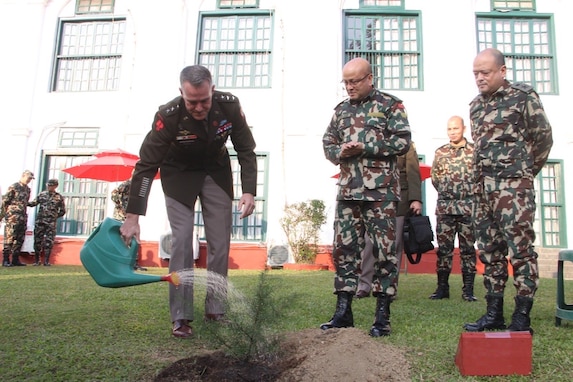 Lt. Gen. Joshua M. Rudd, deputy commander of U.S. Indo-Pacific Command, is greeted by Gen. Ashok Raj Sigel, Chief of the Army Staff (COAS) of the Nepali army, at Birendra Peace Operations Training Centre, Nepal during a visit from Nov. 8-12, 2024.