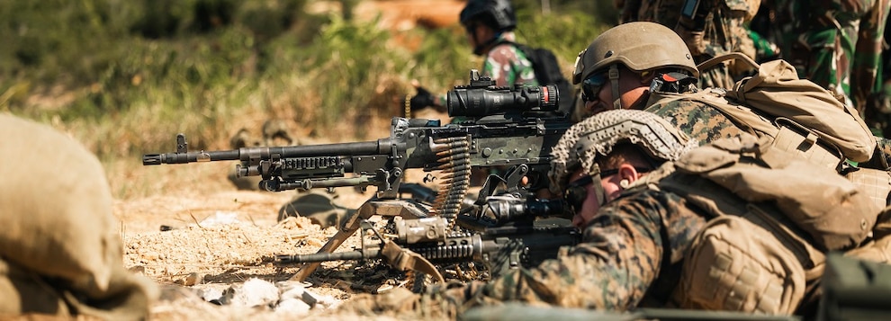 U.S. Marines with 2nd Battalion, 7th Marine Regiment, attached to Marine Rotational Force - Southeast Asia, fire an M240B machine gun during Keris Marine Exercise (MAREX) 2024 on Galang Island, Batam, Indonesia, Nov. 8, 2024.